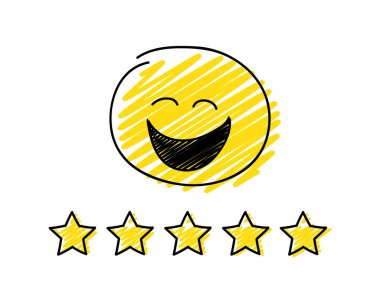 Bir daha gözden geçirme - 5 star rating. Mutlu sarı renkli çöp adam. Vektör.