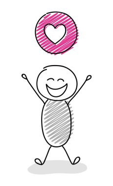 Çöp adam kalp (aşk) simgesi tutan karikatür. Vektör.