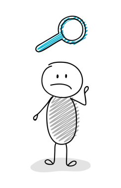 Büyüteç (arama) sembolü tutarak çöp adam karikatür. Vektör.