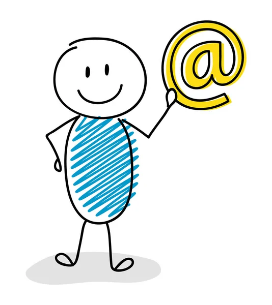 E-posta adresi simgesi içeren gülen çöp adam. Vektör.