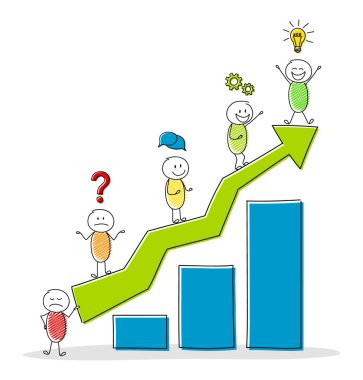 Konsept illüstrasyon çöp adam ve iş simgeleri içeren sütun grafiği, karikatür. Vektör.