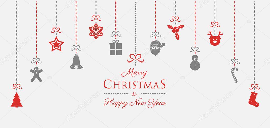 Christmas card with hanging ornaments and wishes. Vector.