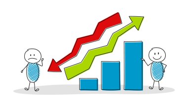 Komik karikatür insanlarla iş sütun grafiği. Vektör.