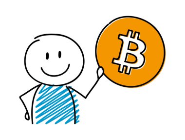Gülen Bitcoin sembolü tutarak çöp adam. Vektör.