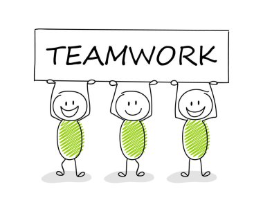 Sunum için öğe. Bir afiş metin ile tutarak Stickmen: ekip çalışması. Vektör.