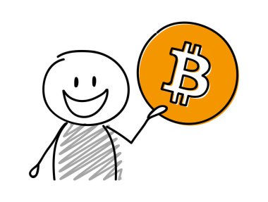 Gülen çöp adam gösteren bitcoin simgesi. Vektör.
