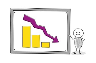 Sütun grafiği ile çizgi film çöp adam. Vektör.