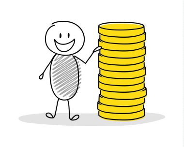 El karikatür kişi para yığını ile çekilmiş. Vektör.