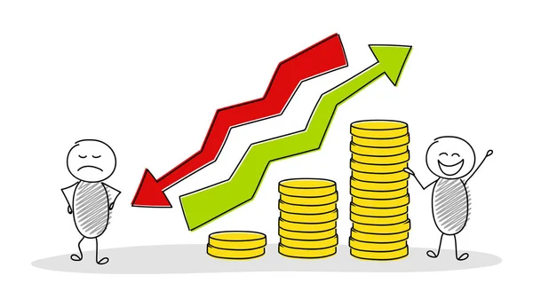 Hand drawn cartoon people showing business chart with coin stacks. Vector.