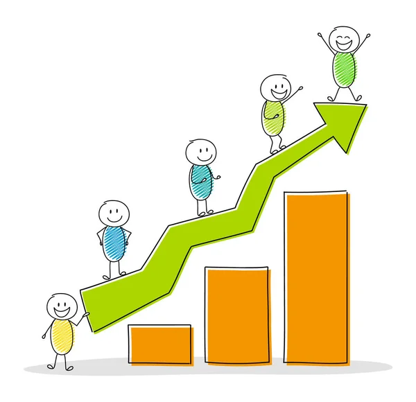 Business Image Konzept Mit Handgezeichneten Strichmännchen Spaltendiagramm Und Symbolen Vektor — Stockvektor