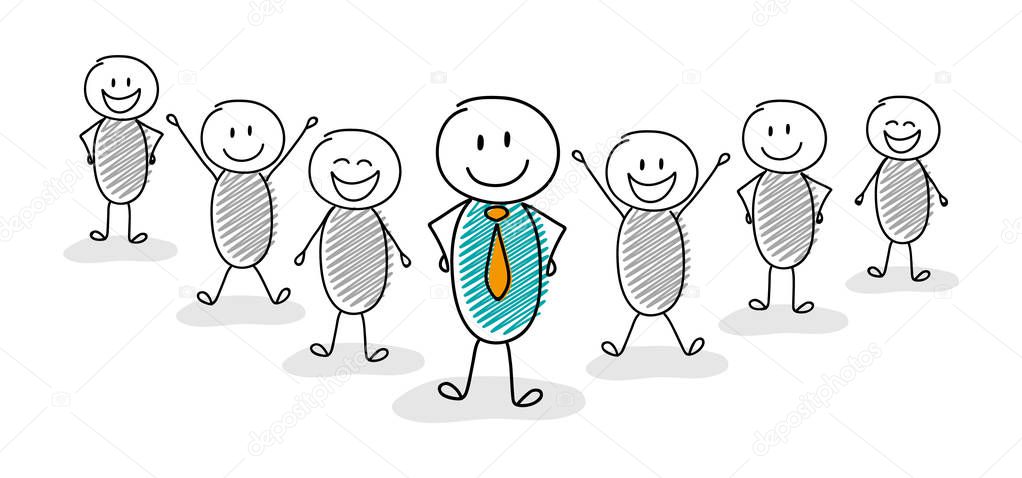 Teamwork concept with hand drawn cartoon people following the leader. Vector