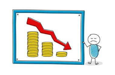 Grafik paralar ile gösterilen çizgi film çöp adam. Vektör.