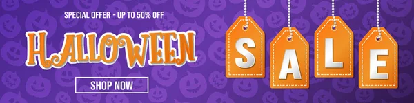 Venda Halloween Desenho Cabeçalho Panorâmico Vetor —  Vetores de Stock