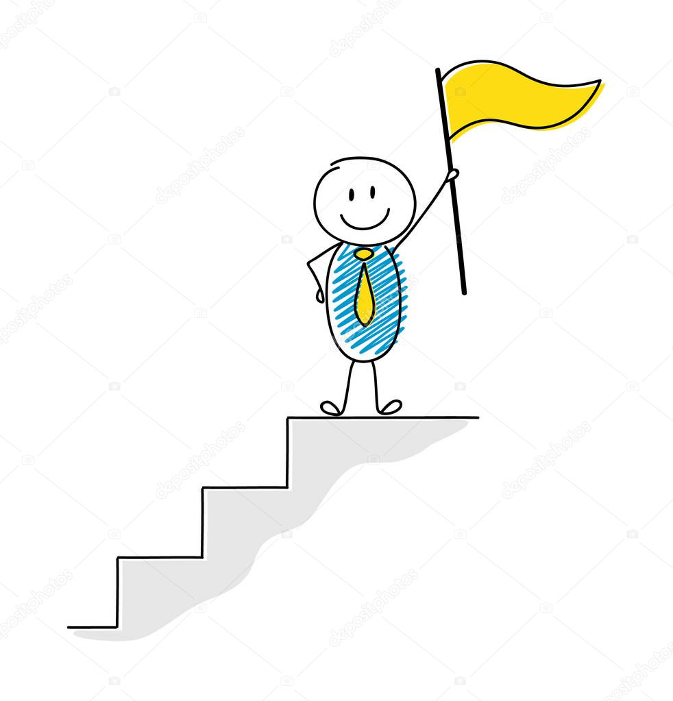 Concept of boss - cartoon stickman with flag. Vector.