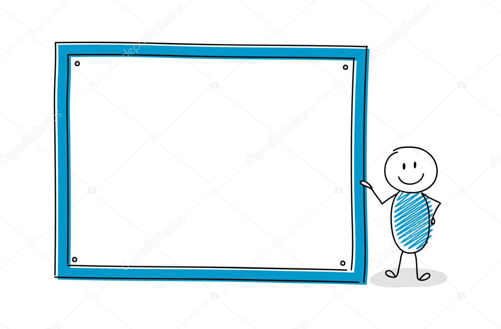Smiley stickman with empty white board icon. Vector.