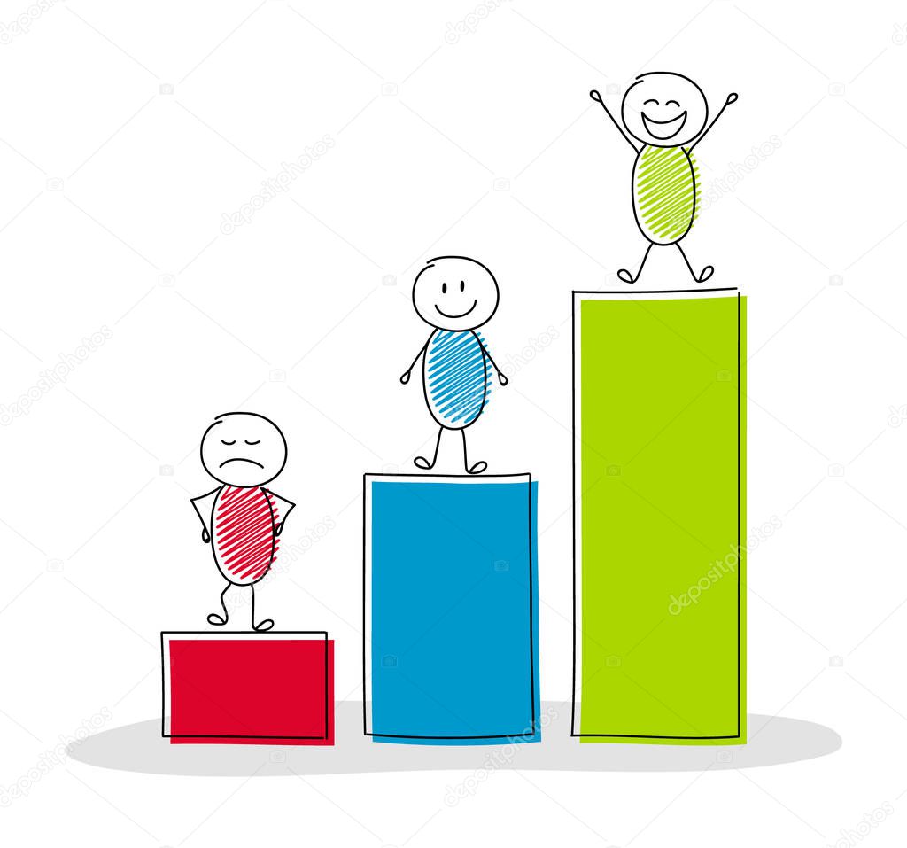 Business image concept with hand drawn stickmen, column graph and icons. Vector.