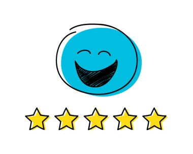 Derecelendirme Icon - beş yıldız. Mavi renkli mutlu çöp adam. Vektör.