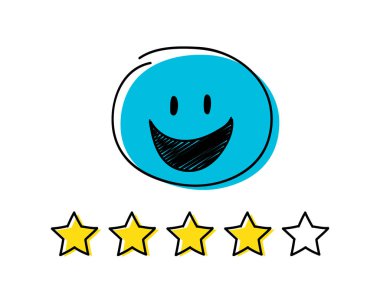 Derecelendirme Icon - dört yıldız. Mavi renkli mutlu çöp adam. Vektör.