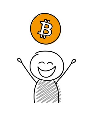 El çekilmiş bitcoin simgesi ile mutlu çöp adam. Vektör.