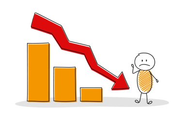 El ile sütun grafiği çizgi film karakteri çekilmiş. Vektör.