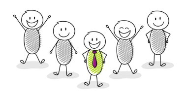 Liderlik kavramı el ile karikatür stickmen çizilmiş. Vektör.