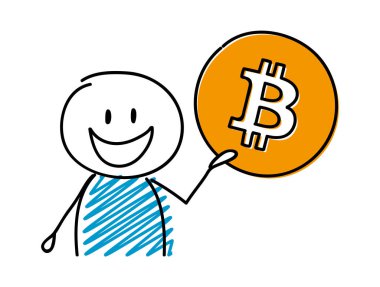 Bitcoin simgesi tutan mutlu çöp adam. Vektör.