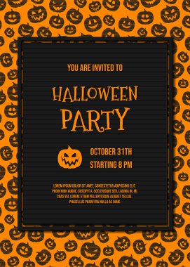 Cadılar Bayramı Partisi Davetiyesi komik kabaklar ve örnek metin düzeni. Vektör.