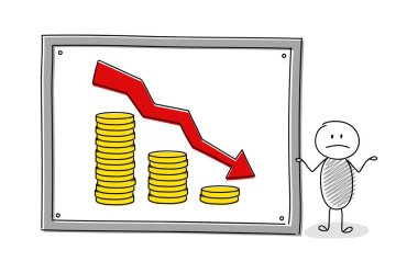 Çöp adam gösteren beyaz tahta para yığınları ile grafik ile. Vektör.