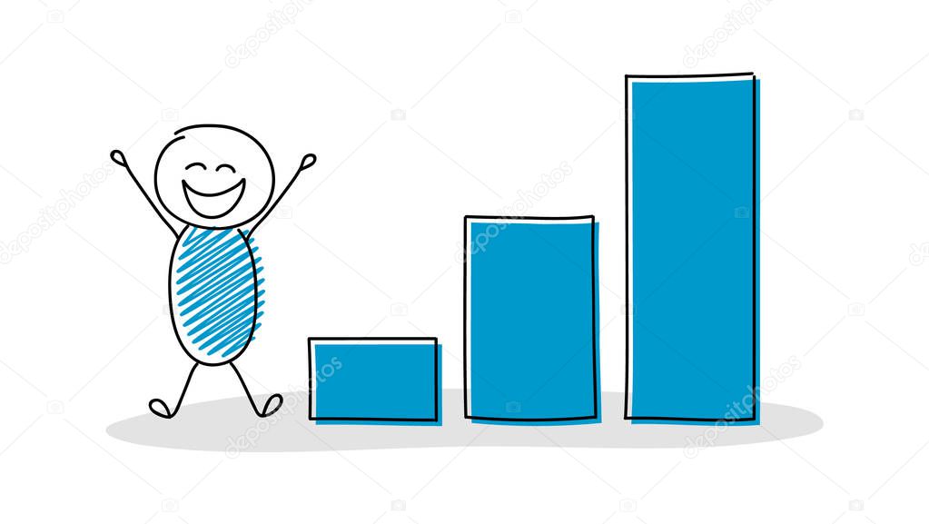 Stickman showing chart with columns. Vector.