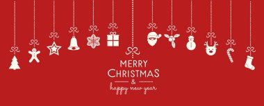 Süs eşyaları ve selamlar asma Noel tebrik kartı kavramı. Vektör.