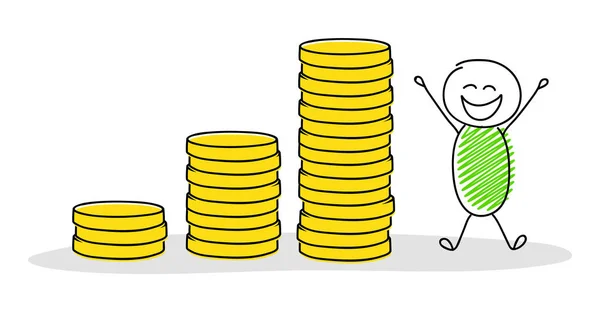 Empresario Dibujos Animados Mostrando Gráfico Pila Monedas Vector — Vector de stock