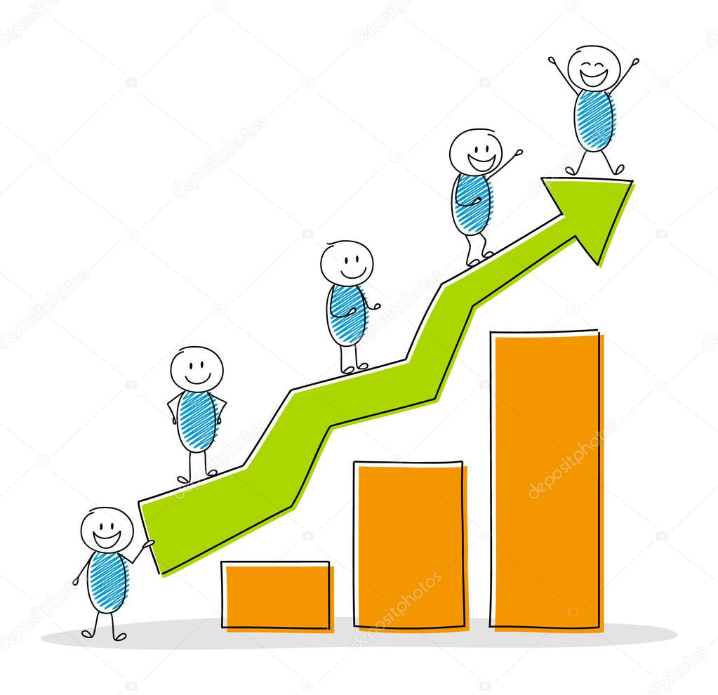 Business concept with hand drawn stickman and column graph. Vector.