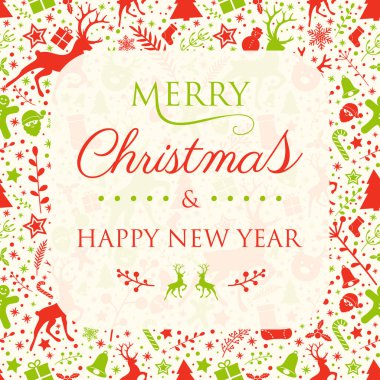 Metin ve süslemeleri ile Noel ve yeni yıl tebrik kartı. Vektör.