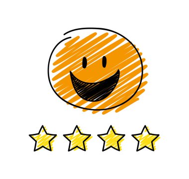 Bir daha gözden geçirme - dört yıldızlı rating. Mutlu turuncu renkli çöp adam. Vektör.