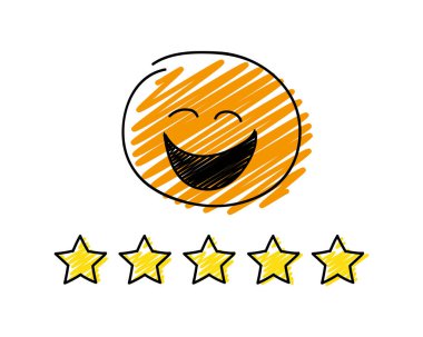 Bir daha gözden geçirme - 5 star rating. Mutlu turuncu renkli çöp adam. Vektör.