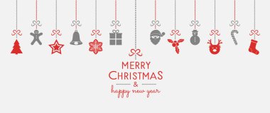 Süs eşyaları ve selamlar asma Noel tebrik kartı kavramı. Vektör