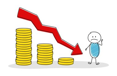 Grafik para yığınları ile gösterilen çizgi film çöp adam. Vektör.