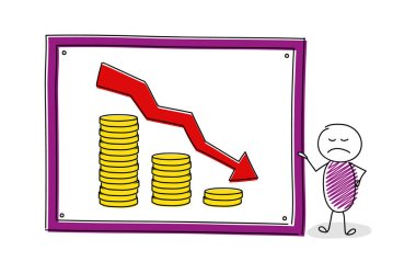 Beyaz tahta ve altın madeni para yığınları komik çizgi film karakteri. Vektör.