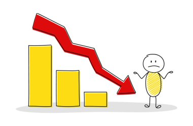 Komik işadamı gösteren sütun grafik. Vektör.