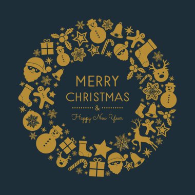 Neşeli Noel ve mutlu yeni yıl - tebrik kartı ile şenlikli süsler. Vektör.