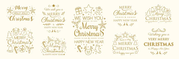Cartões Cumprimento Natal Com Decorações Desejos Coleção Vetor —  Vetores de Stock