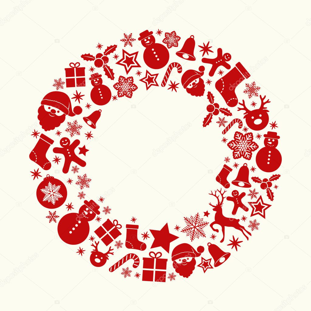 Design of Christmas greeting card template with with wreath and decorations. Vector.