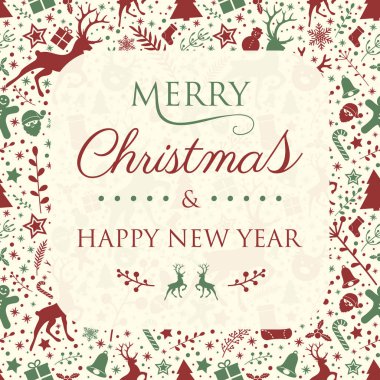 Neşeli Noel ve mutlu yeni yıl - hat süslemeli retro tarzı. Vektör.