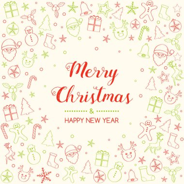 Neşeli Noel ve mutlu yeni yıl - tebrik kartı el ile süsler çizilmiş. Vektör.