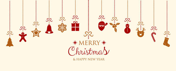 Christmas and New Year card with decorations and wishes. Vector.