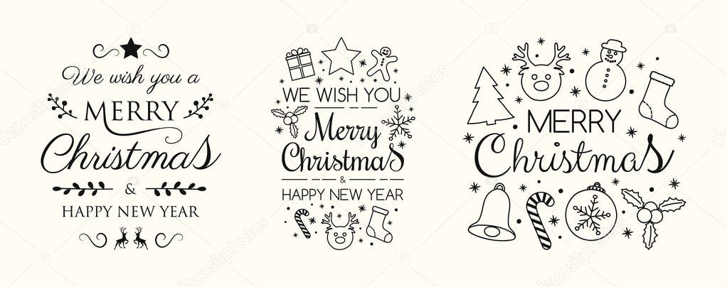 Christmas set with decorations and greetings. Vector.