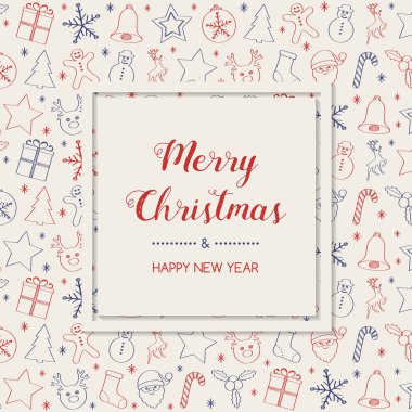 Neşeli Noel ve mutlu yeni yıl - tebrik kartı el ile süsler çizilmiş. Vektör.