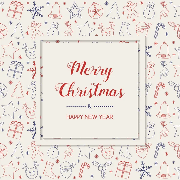 Neşeli Noel ve mutlu yeni yıl - tebrik kartı el ile süsler çizilmiş. Vektör.