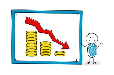 Beyaz tahta ve altın madeni para yığınları komik çizgi film karakteri. Vektör.