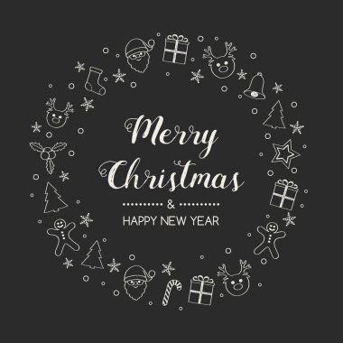 Dilek ve elle çizilmiş süs eşyaları ile Noel kartpostal tasarımı. Vektör.